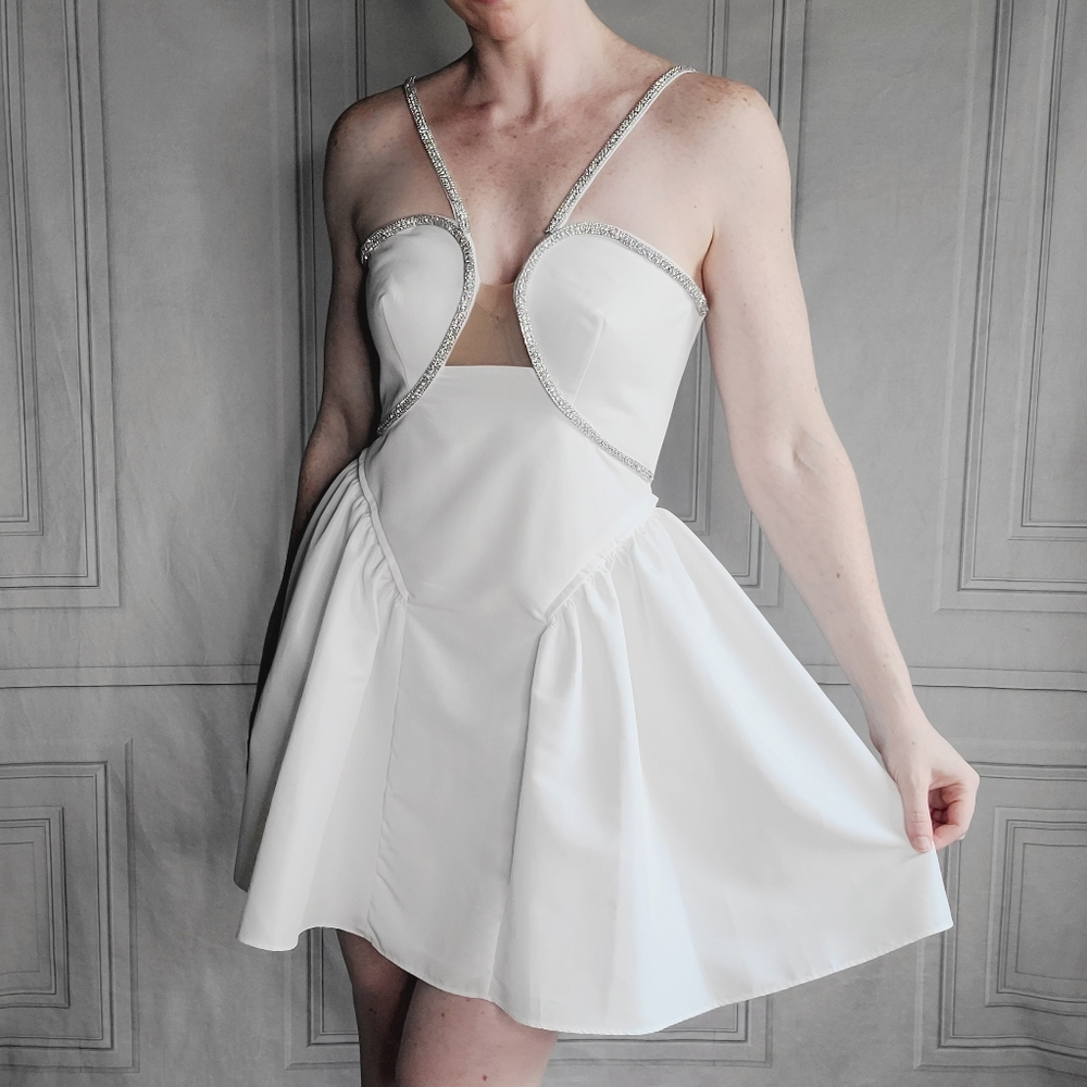 Self Portrait Crystal Taffeta Drop Waist Mini Dress